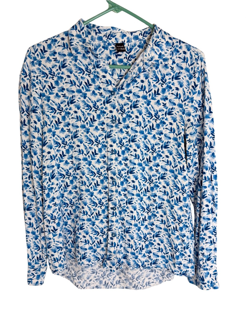 3/$20 Splash Blue and White Leaf Print Long Sleeve Button Down Shirt
